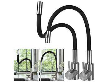 Armatur Küche: Rosenstein & Söhne 2er-Set Edelstahl-Küchenarmaturen, flexibler Auslauf, 360°, Hochdruck