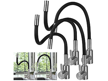 Geschirr-Duscharmatur: Rosenstein & Söhne 4er-Set Edelstahl-Küchenarmaturen, flexibler Auslauf, 360°, Hochdruck