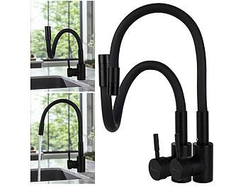 Geschirr-Duscharmatur: Rosenstein & Söhne 2er-Set Edelstahl-Küchenarmaturen, flexibel, 360°, Hochdruck, schwarz 