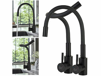 Wasserhahn Wohnwagen: Rosenstein & Söhne 2er-Set Edelstahl-Küchenarmaturen, flexibel, 360°, Niederdruck,schwarz 