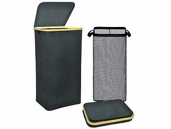 Wäschesammler: infactory Wäschekorb mit Deckel, Bambus-Henkel, Netztasche, 100 Liter