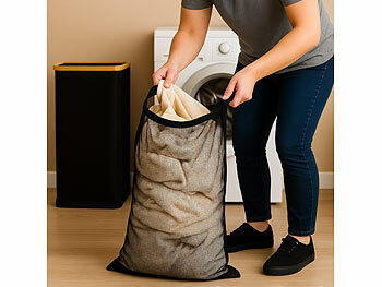 infactory Wäschekorb mit Deckel, Bambus-Henkel, Netztasche, 100 Liter