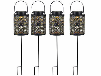LED Solar Laterne außen: Lunartec 4er-Set Metall-Solar-Laternen stehend, hängend & mit Erdspieß, IP44 