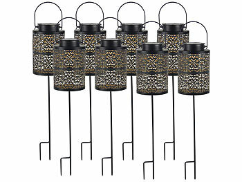 LED-Solar-Windlichter: Lunartec 8er-Set Metall-Solar-Laternen stehend, hängend & mit Erdspieß, IP44