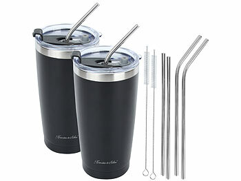Vakuumbecher: Rosenstein & Söhne 2er-Set Doppelwandiger Isolierbecher, schwarz, 600 ml, Edelstahl
