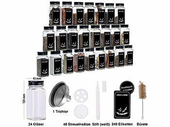 Rosenstein & Söhne 24er-Set Gewürzgläser mit Streueinsätzen, je 120 ml, 240 Etiketten