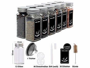 Rosenstein & Söhne 12er-Set Gewürzgläser, eckig, Streueinsätze, je 120ml, 30 Etiketten 
