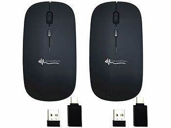 Multimodus-Maus: GeneralKeys 2er-Set Flache Akku-Mini-Maus mit Bluetooth 5.2 & 2,4 GHz, schwarz