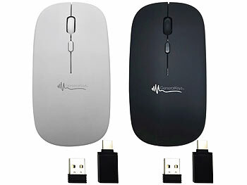 Funkmaus aufladbar: GeneralKeys 2er-Set Akku-Mini-Maus mit Bluetooth 5.2 & 2,4 GHz, weiß & schwarz