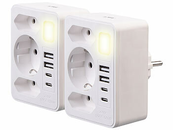 Steckdosenladegeräte: revolt 2er-Set 8-in-1 Mehrfach-Steckdosen-Adapter, USB-Ladeports, 15 Watt