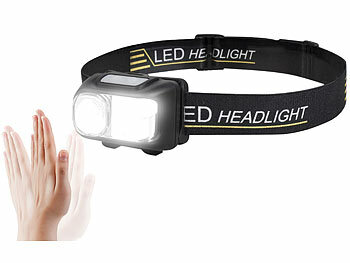 Taschenlampe: KryoLights LED-Akku-Stirnlampe, 200m, 3W, 4 Modi, Sensor, Rotlicht, dimmbar