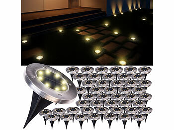 Garten Pflanzenlampe: Lunartec 48er-Set Akku-Solar-Bodenleuchten, Edelstahlgehäuse, 8 LEDs, warmweiß 