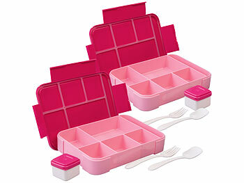 Rosenstein & Söhne auslaufsichere Brotdose: 2er-Set Brotdosen mit je 5 Fächern, kleine Soßenbox, 1.300 ml, pink (Brotdosen mit Verschlusslaschen)