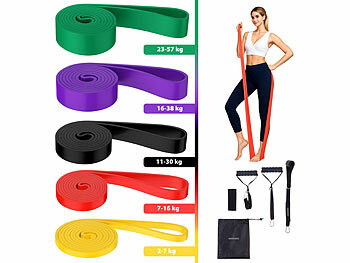 Gymnastikband: PEARL sports Fitnessbänder-Set, 5 Stärken, mit Türanker und 2 Griffen