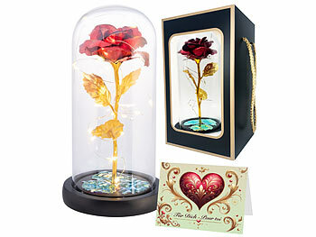 Goldene Rose: Lunartec Ewige rote Rose unter Glas mit LED-Licht, 21,5 cm, in Geschenktasche