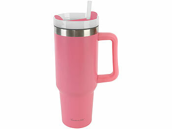 Thermobecher mit Deckeln: Rosenstein & Söhne Doppelwandiger Vakuum-Thermobecher, 1.200 ml, mit Strohhalm, pink