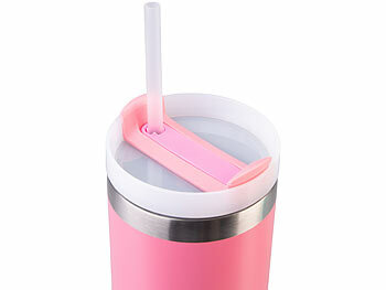 Rosenstein & Söhne Doppelwandiger Vakuum-Thermobecher, 1.200 ml, mit Strohhalm, pink