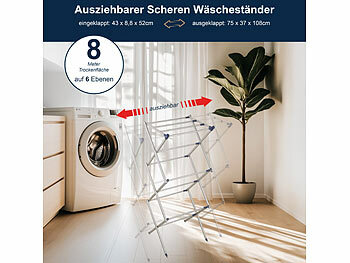 PEARL Ausziehbarer Teleskop-Scheren-Wäscheständer, klappbar, 6 Ebenen, 8 m