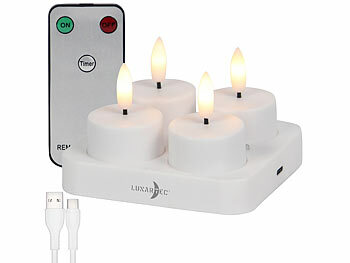 LED Kerzen Timer: Lunartec 4er-Set LED-Akku-Teelichter mit USB-Ladestation, Fernbedienung, Timer