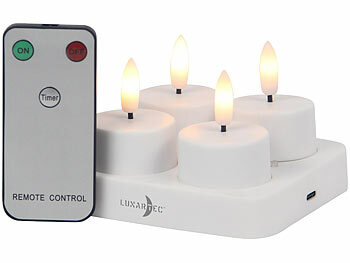 Lunartec 4er-Set LED-Akku-Teelichter mit USB-Ladestation, Fernbedienung, Timer