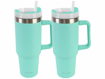 XXL Tasse: Rosenstein & Söhne 2er-Set doppelwandige Vakuum-Thermobecher, 1.200 ml, Trinkhalm, mint 