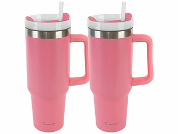 Thermobecher mit Griffen: Rosenstein & Söhne 2er-Set doppelwandige Vakuum-Thermobecher, 1.200 ml, Trinkhalm, pink