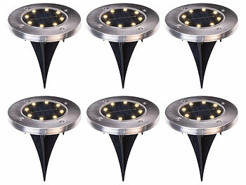 Erdspieß-Bodenleuchte: Lunartec 12er-Set Akku-Solar-Bodenleuchten, Edelstahlgehäuse, 8 LEDs, wamweiß