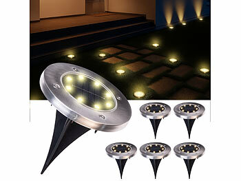 Lunartec 12er-Set Akku-Solar-Bodenleuchten, Edelstahlgehäuse, 8 LEDs, wamweiß