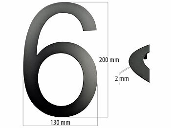 PEARL Hausnummer aus Metall, Nummer 6, 200 x 130 x 2 mm, schwarz