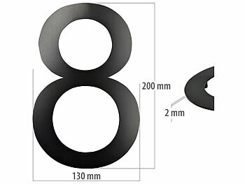 PEARL Hausnummer aus Metall, Nummer 8, 200 x 130 x 2 mm, schwarz