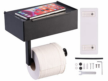 WC Papier Halter: infactory Toilettenpapierhalterung mit Feuchttücherbox, ohne Bohren, zum Kleben