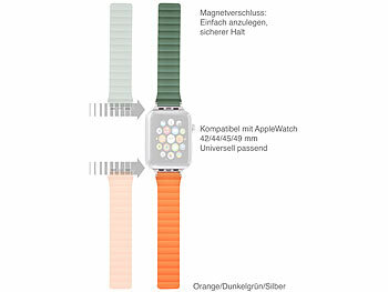 Callstel Armband für Apple Watch, 42/44/45/49mm, orange/dunkelgrün/silber