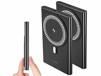 USB-Powerbank Mini: revolt 2er-Set flache Powerbanks, 5.000 mAh, 20 W PD, Qi- & MagSafe-komp.
