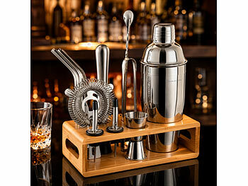 Rosenstein & Söhne Cocktailshaker: 13-teiliges Cocktail-Shaker-Set mit Ständer und Rezepten (Cocktail Messbecher)