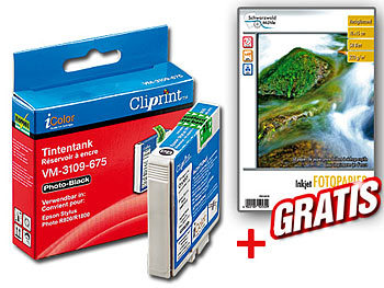 Cliprint iColor Tintentank für EPSON (schwarz) + Fotopapier GRATIS 