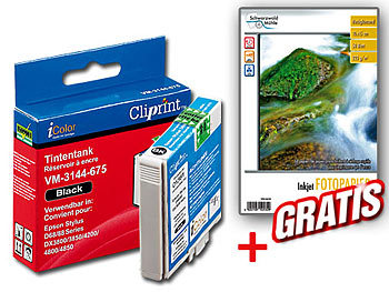 Cliprint iColor Tintentank für EPSON (schwarz) + Fotopapier GRATIS 