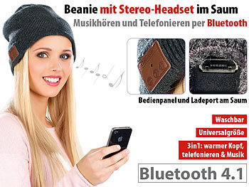 Callstel Beanie-Mütze, integriertes Headset mit Bluetooth, FM-Radio, grau