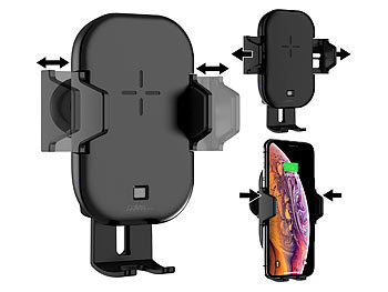 Kfz Handyhalter: Callstel Qi-Smartphone-Ladehalter für Kfz-Lüftungsgitter, Automatik-Klemme, 15W