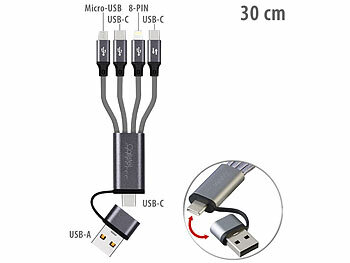 Handy Ladekabel: Callstel 8in1-Lade- & Datenkabel USB-C/A zu USB-C/Micro-USB/Lightning, 30cm, 3A