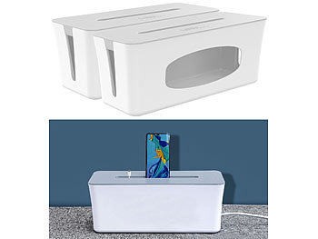 Box für Steckdosenleiste: Callstel 2er-Set Kabelboxen groß, mit Smartphone- & Tablet-Ladesteckplatz, weiß