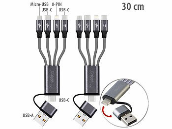Multi Ladekabel iPhone: Callstel 2er-Set 8in1-Lade- & Datenkabel USB-C/A zu C/Micro-USB/Lightning, 30cm