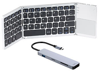 Tastatur mit Touchpad, Bluetooth: Callstel USB-Hub & Smartphone-PC-Adapter & faltbare Tastatur mit Bluetooth