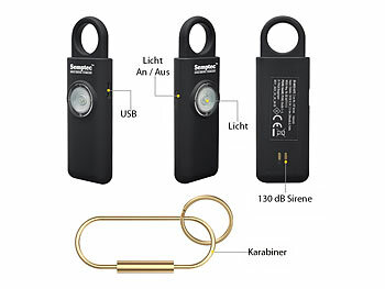 Semptec Selbstverteidigungs-Schlüsselanhänger, 130 dB, Taschenlampe, Akku