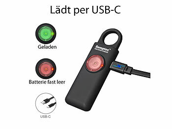 Semptec Selbstverteidigungs-Schlüsselanhänger, 130 dB, Taschenlampe, Akku