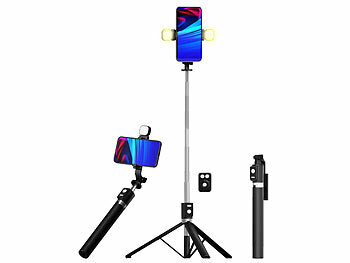 Selfie Stick: Somikon Smartphone-Selfie-Stativ, 2 LED-Lichter, bis 170 cm, BT-Fernauslöser