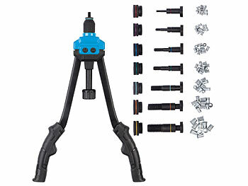Nietkraft Werkzeug: AGT Nietmutternzange mit 80 Nietmuttern, Dornen M3 - M12, Koffer, 40 cm 
