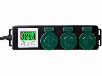 spritzwassergeschützte 3-fach-Steckdosenleiste mit Energiekostenmesser 