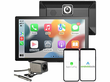 Navi: Lescars 9"-IPS-HD-Monitor für Android Auto & CarPlay, 2K-Kamera+Rückfahrkamera