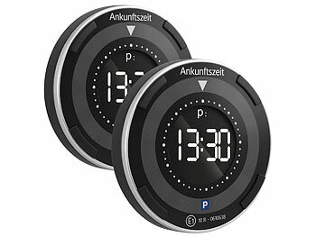 Digitale Parkscheibe: Lescars 2er-Set e-Parkscheiben, ECE-Zulassung, Erschütterungssensor, Solar 