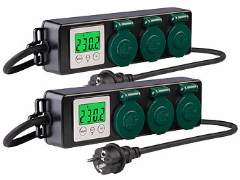 außen-Steckerleisten: revolt 2er-Set 3-fach-Outdoor-Steckdosenleisten & Energiekostenmesser, 3.680W 
